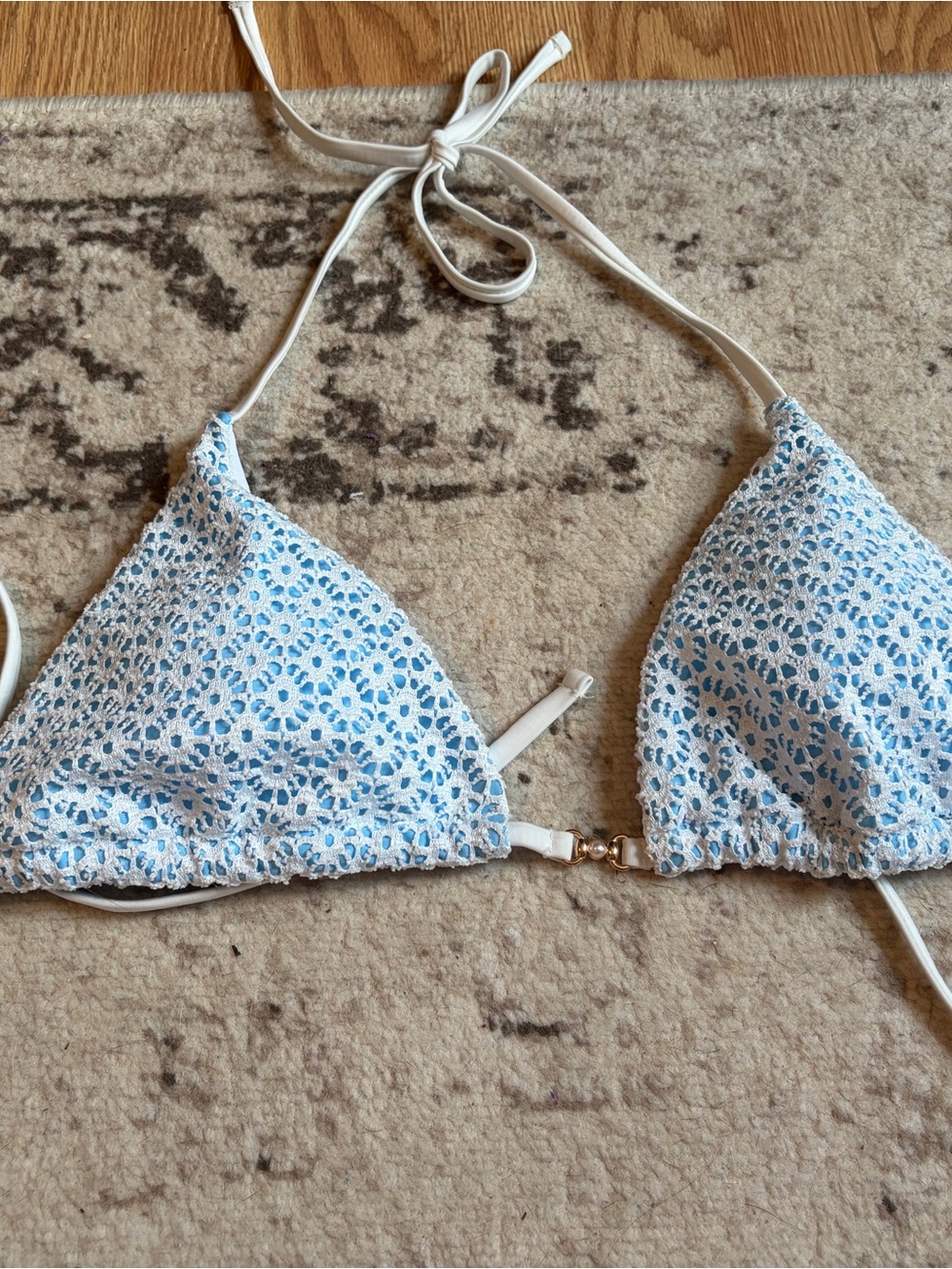 SHEIN White and Light Blue Crochet Triangle Bikini Top